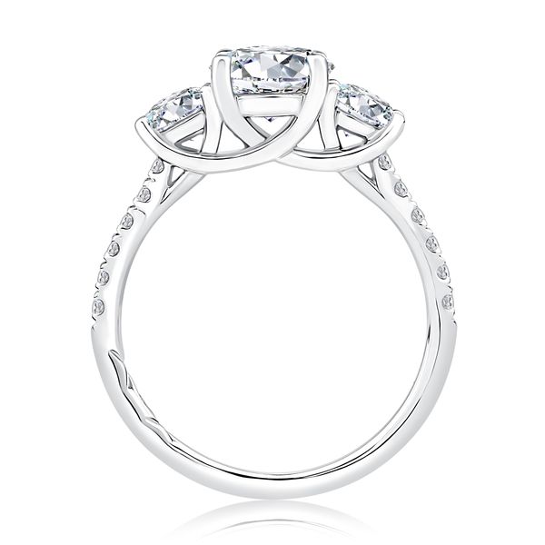 Three Stone Trellis Diamond Engagement Ring with Pave Diamond Band Image 3 Sather's Leading Jewelers Fort Collins, CO