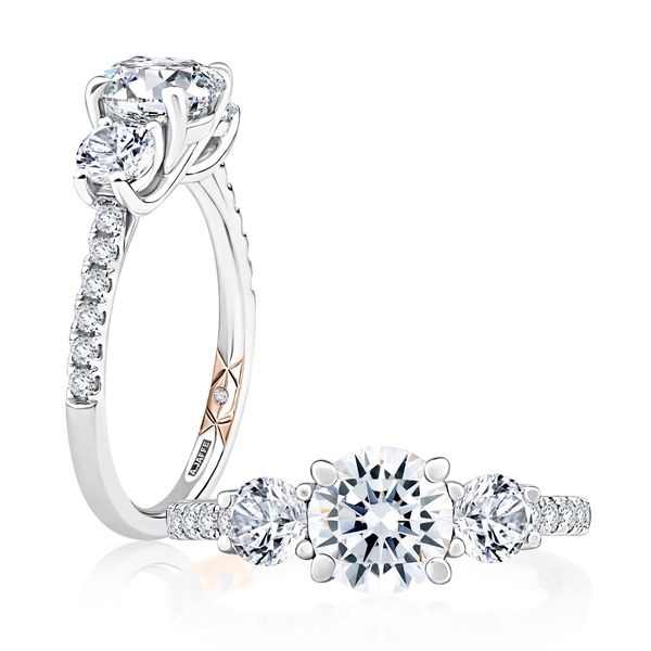 Three Stone Trellis Diamond Engagement Ring with Pave Diamond Band Natale Jewelers Sewell, NJ