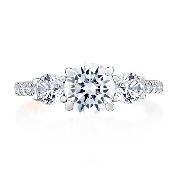 Three Stone Trellis Diamond Engagement Ring with Pave Diamond Band Image 2 Harris Jeweler Troy, OH