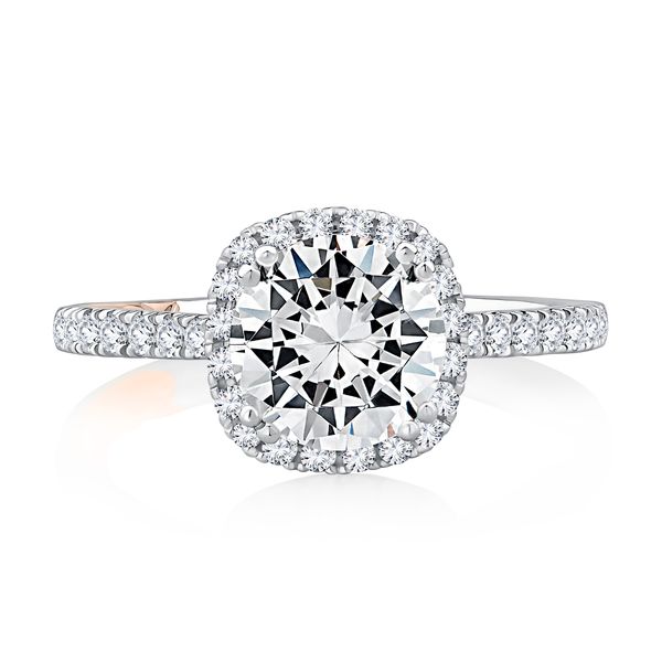 Cushion Shaped Halo Round Center Diamond Engagement Ring with Pave Band Image 2 Mark Allen Jewelers Santa Rosa, CA
