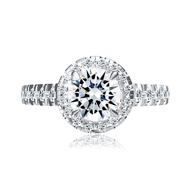 Round Halo Diamond Engagement Ring with Diamond Pave Band Image 2 Natale Jewelers Sewell, NJ