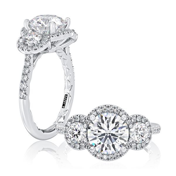 Three Stone Round Center Diamond Engagment Ring with Round Diamond Halos Natale Jewelers Sewell, NJ