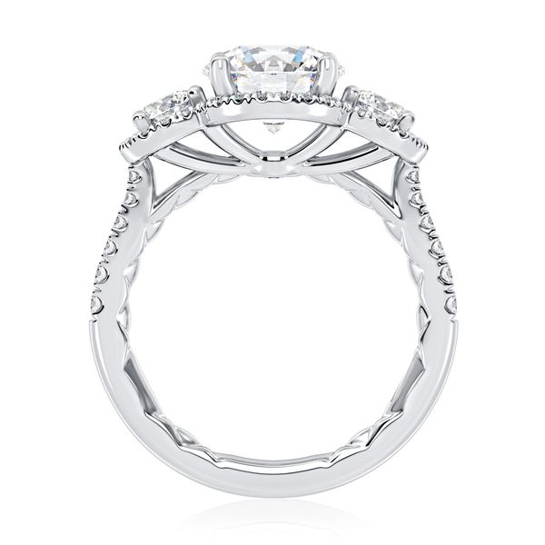 Three Stone Round Center Diamond Engagment Ring with Round Diamond Halos Image 3 Natale Jewelers Sewell, NJ