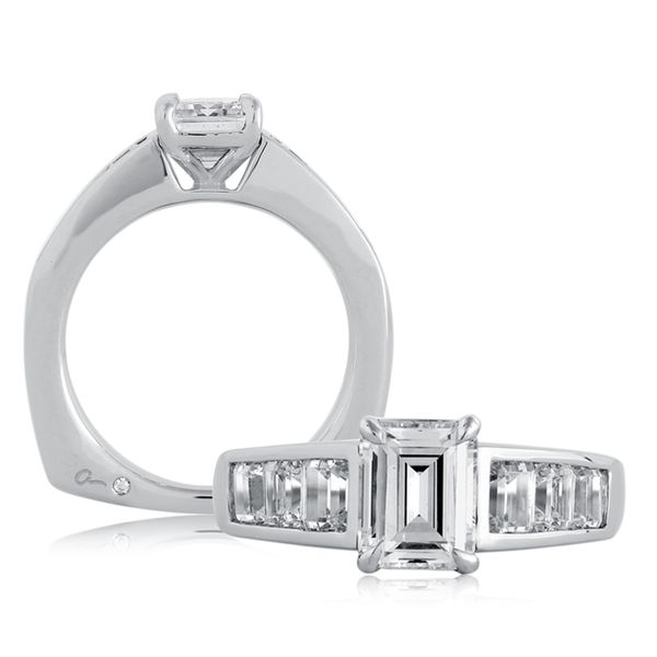 Emerald Center Stone Diamond Engagement Wedding Ring with Channel Set Emerald Band Baxter's Fine Jewelry Warwick, RI