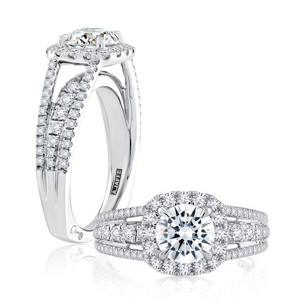 Triple Split Shank Halo Round Cut Diamond Engagement Ring Sather's Leading Jewelers Fort Collins, CO
