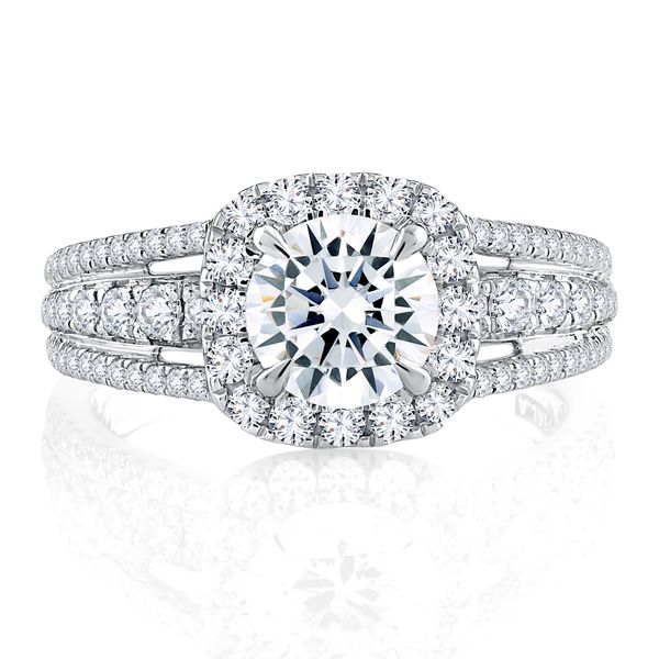Triple Split Shank Halo Round Cut Diamond Engagement Ring Image 2 Rasmussen Diamonds Mount Pleasant, WI