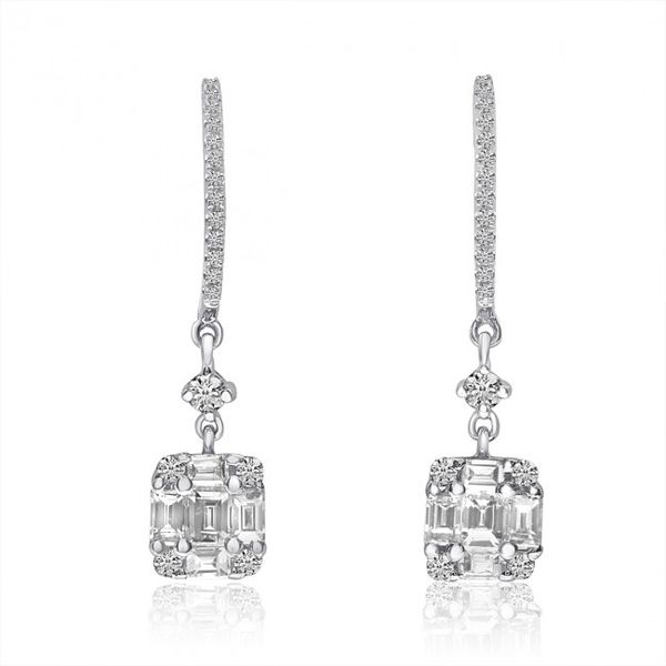 14K White Gold Baguette and Round Diamonds Fancy Cushion Hoop Dangle Earrings Castle Couture Fine Jewelry Manalapan, NJ