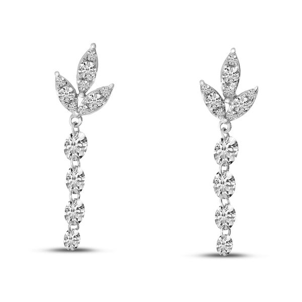 14K White Gold Dashing Diamond Floral Diamond Top Dangle Earrings Castle Couture Fine Jewelry Manalapan, NJ