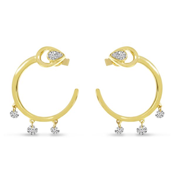 14K Yellow Gold Dashing Diamond Pear Front Hoop Three stone pierced Earrings Image 2 Windham Jewelers Windham, ME