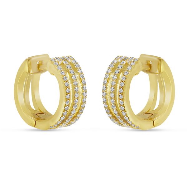 14K Yellow Triple Row Diamond Huggie Earrings Image 2 LeeBrant Jewelry & Watch Co Sandy Springs, GA
