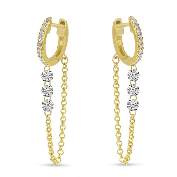 14K Yellow Gold Dashing Diamond Triple Diamond Chain Huggie Earrings Lennon's W.B. Wilcox Jewelers New Hartford, NY