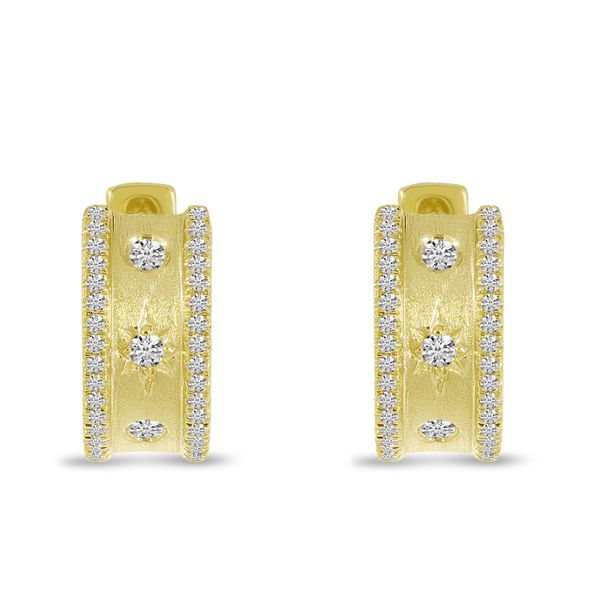 14K Yellow Gold 3-Diamond Celestial Brushed Gold Huggie Earrings Image 2 Glatz Jewelry Aliquippa, PA