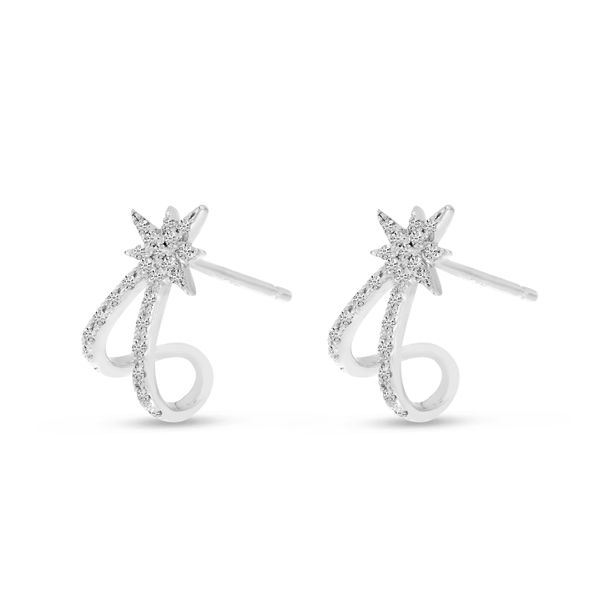 14K White Gold Diamond Starburst Huggie Earrings Image 2 Moseley Diamond Showcase Inc Columbia, SC