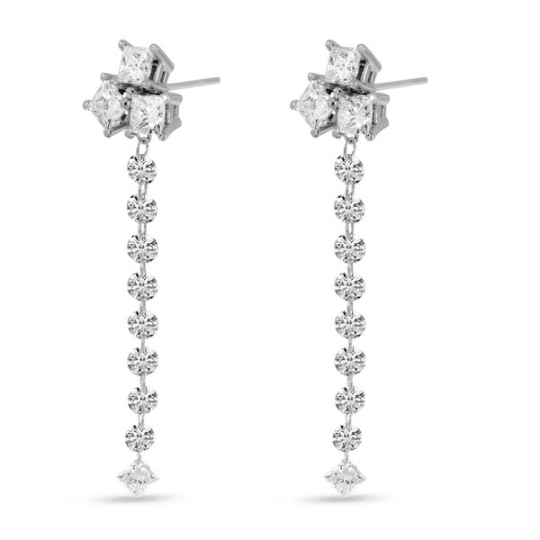 14K White Gold Dashing Diamond Princess Cut Cluster Dangle Earrings Image 2 Castle Couture Fine Jewelry Manalapan, NJ