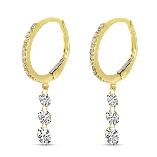 14K Yellow Gold Dashing Diamond 3-Stone Drop Huggie Earrings Image 2 Segner's Jewelers Fredericksburg, TX