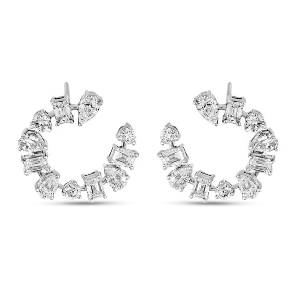 14K White Gold Fancy Cut Shapes Front Hoop Earrings Castle Couture Fine Jewelry Manalapan, NJ