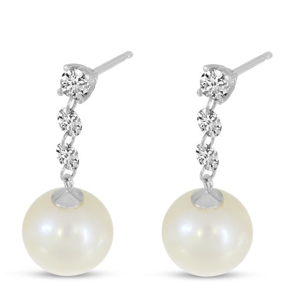 14K White Gold Dashing Diamonds 3-Stone Drop Pearl Earrings Image 2 Segner's Jewelers Fredericksburg, TX