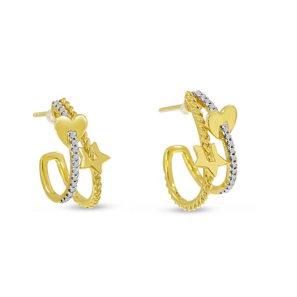 14K Yellow Gold Diamond Heart and Star Double Hoop Earrings John Herold Jewelers Randolph, NJ