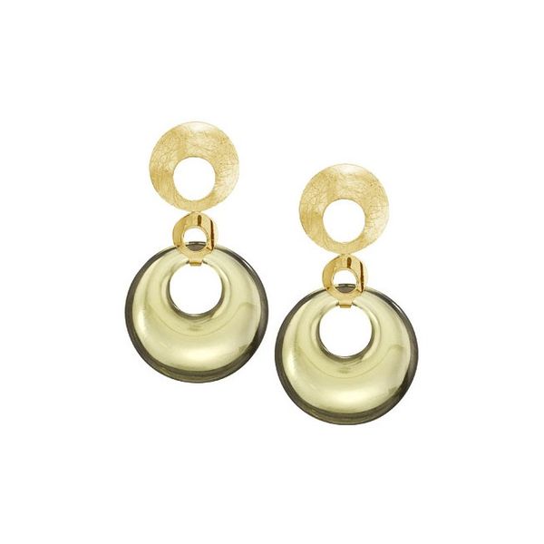 14K Yellow Gold Dangling Reconstructed Round Peridot Earrings Karen's Jewelers Oak Ridge, TN