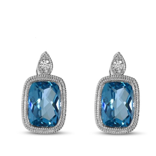 14K White Gold Blue Topaz Cushion Semi & Diamond Earrings Marks of Design Shelton, CT