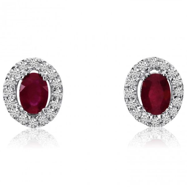 14K White Gold 6x4 mm Oval Ruby and Diamond Halo Precious Earrings Priddy Jewelers Elizabethtown, KY