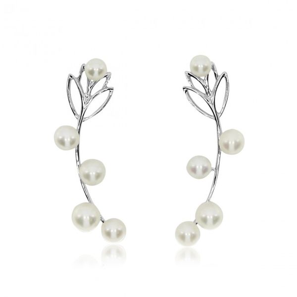 14K White Gold Cascading Graduated Pearls Leaf fashion Earrings Karen's Jewelers Oak Ridge, TN