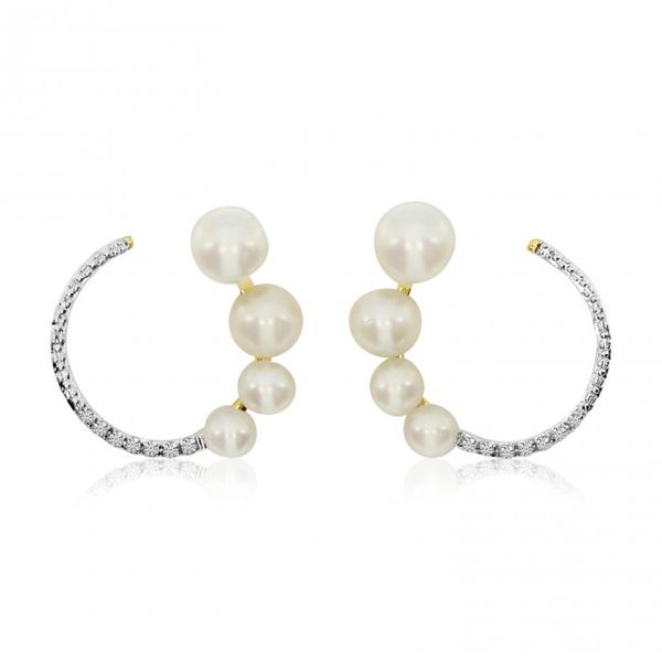 14K Yellow Gold Ascending Pearl and Diamond fashion Earrings Karen's Jewelers Oak Ridge, TN