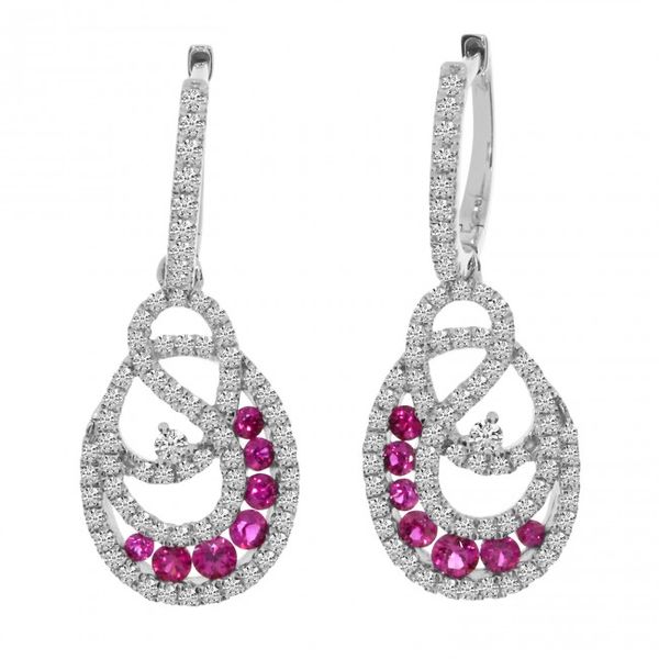14K White Gold Round Ruby and .86 Ct Diamond Precious Hoop Dangle Earrings Karen's Jewelers Oak Ridge, TN
