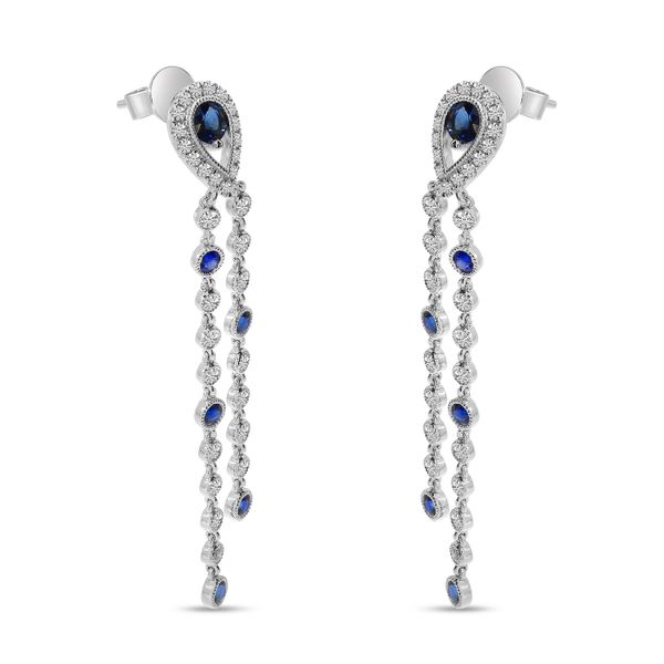 14K White Gold Diamond and Sapphire Long Pear dangle Earrings Image 2 Moseley Diamond Showcase Inc Columbia, SC