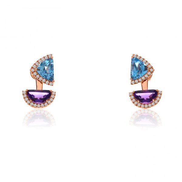 14K Rose Gold Half moon Amethyst and Trillion Blue Topaz Semi Precious Fashion Earrings Marks of Design Shelton, CT