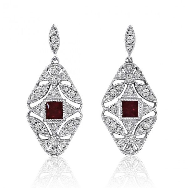 14K White Gold Princess Ruby and Diamond Filigree Precious Dangle Earrings Marks of Design Shelton, CT