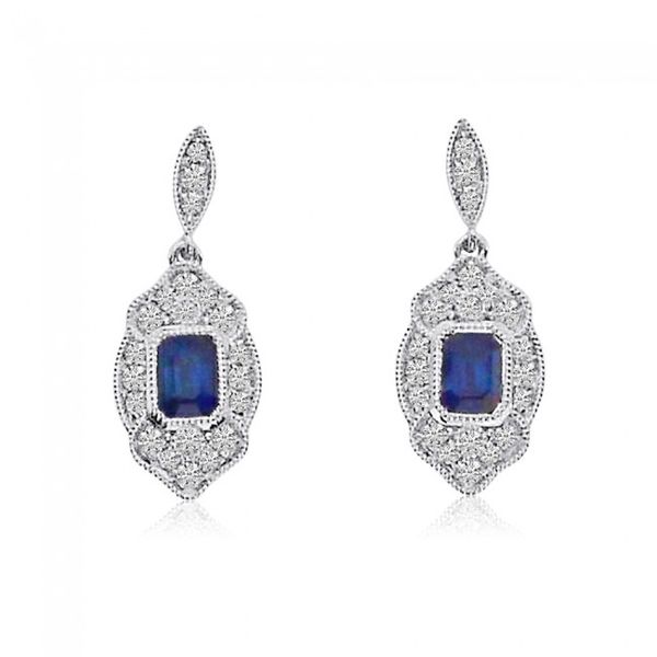 14K White Gold Emerald Cut Sapphire and Diamond Filigree Precious Earrings Castle Couture Fine Jewelry Manalapan, NJ