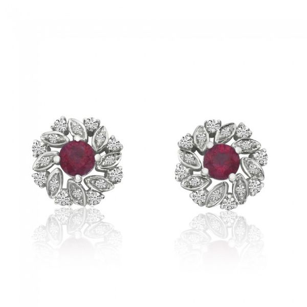 14K White Gold Round Ruby and Diamond Precious Floral Earrings Castle Couture Fine Jewelry Manalapan, NJ