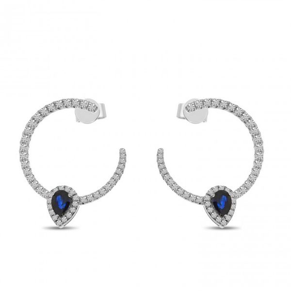 14K White Gold Pear Sapphire and Diamond Front Hoop Precious Earrings Lennon's W.B. Wilcox Jewelers New Hartford, NY