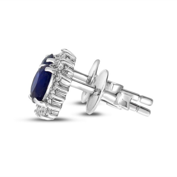 14K White Gold Round Sapphire and Diamond Halo Precious Earrings Image 3 Woelk's House of Diamonds Russell, KS