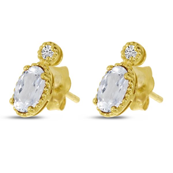 14K Yellow Gold Oval White Topaz Millgrain Birthstone Earrings Image 2 Castle Couture Fine Jewelry Manalapan, NJ