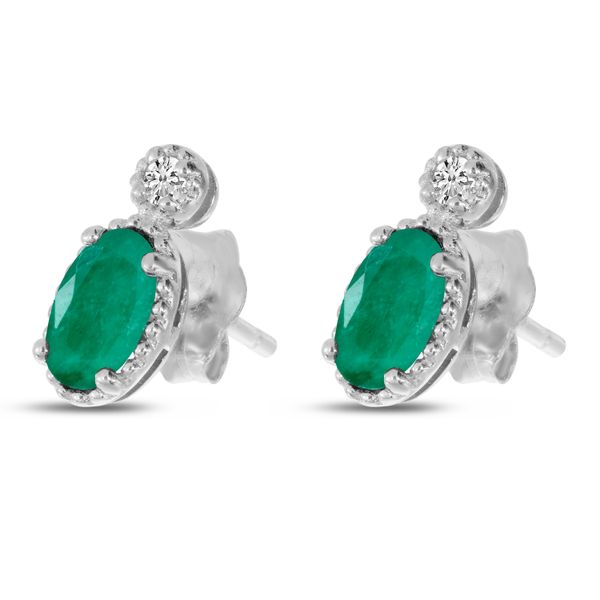 14K White Gold Oval Emerald Millgrain Birthstone Earrings Image 2 Jimmy Smith Jewelers Decatur, AL