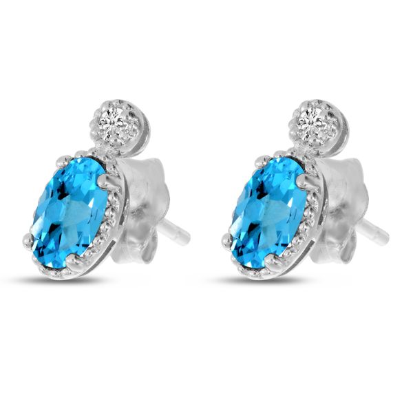 14K White Gold Oval Blue Topaz Millgrain Birthstone Earrings Image 2 The Jewelry Source El Segundo, CA