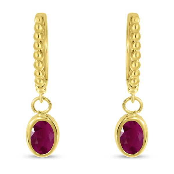 14K Yellow Gold Oval Ruby Dangle Birthstone Textured Huggie Earrings Marks of Design Shelton, CT