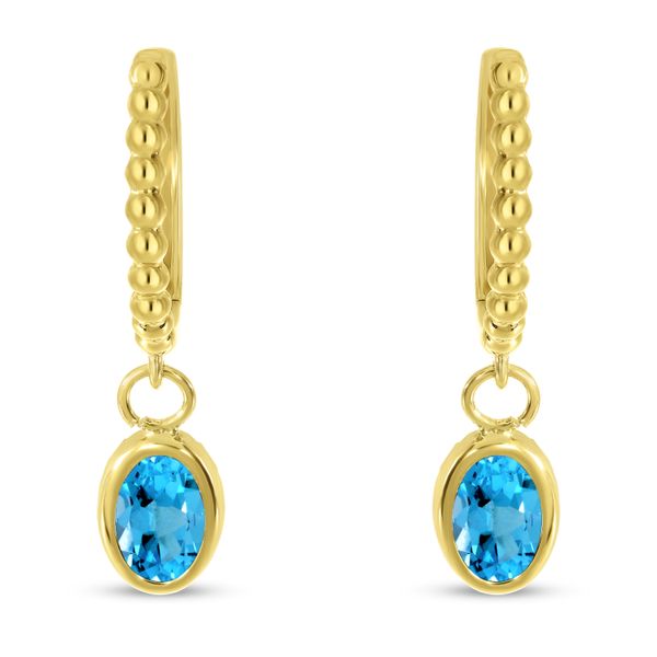14K Yellow Gold Oval Blue Topaz Dangle Birthstone Textured Huggie Earrings Jimmy Smith Jewelers Decatur, AL
