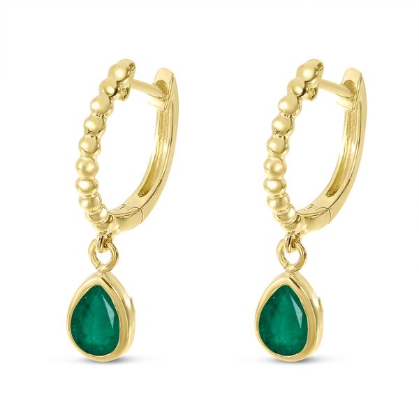 14K Yellow Gold Pear Emerald Dangle Birthstone Textured Huggie Earrings Image 2 Jimmy Smith Jewelers Decatur, AL