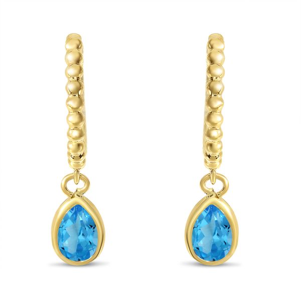 14K Yellow Gold Pear Blue Topaz Dangle Birthstone Textured Huggie Earrings Castle Couture Fine Jewelry Manalapan, NJ