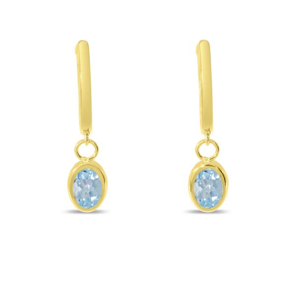 14K Yellow Gold Oval Aquamarine Dangle Birthstone Huggie Earrings Adler's Diamonds Saint Louis, MO