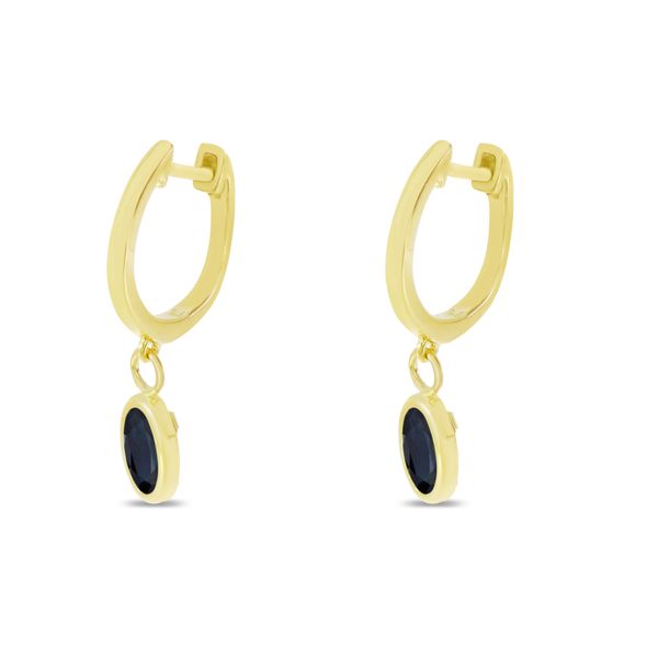 14K Yellow Gold Oval Sapphire Dangle Birthstone Huggie Earrings Image 2 Lennon's W.B. Wilcox Jewelers New Hartford, NY