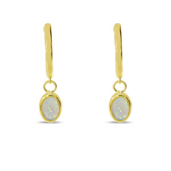14K Yellow Gold Oval Opal Dangle Birthstone Huggie Earrings Marks of Design Shelton, CT
