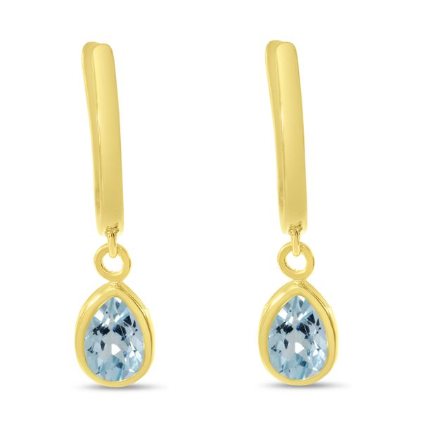 14K Yellow Gold Pear Aquamarine Dangle Birthstone Huggie Earrings Marks of Design Shelton, CT