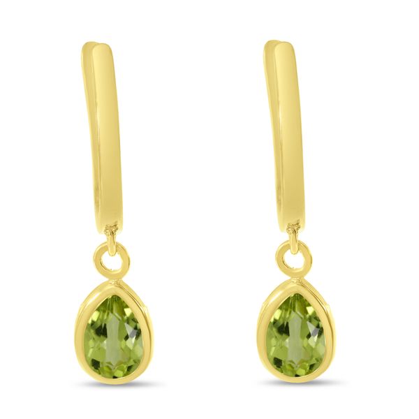 14K Yellow Gold Pear Peridot Dangle Birthstone Huggie Earrings Marks of Design Shelton, CT