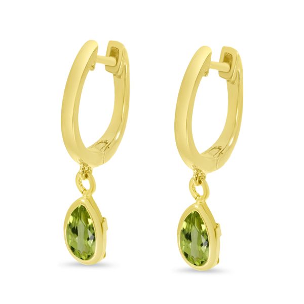 14K Yellow Gold Pear Peridot Dangle Birthstone Huggie Earrings Image 2 Castle Couture Fine Jewelry Manalapan, NJ
