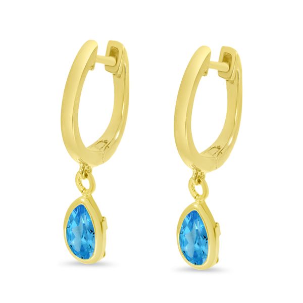 14K Yellow Gold Pear Blue Topaz Dangle Birthstone Huggie Earrings Image 2 Adler's Diamonds Saint Louis, MO