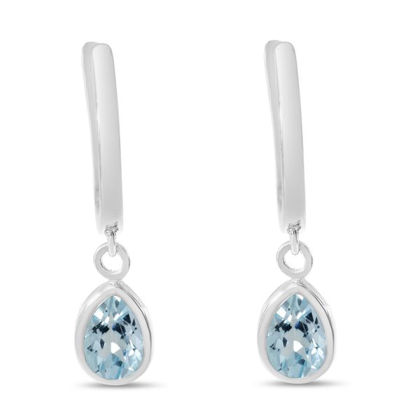 14K White Gold Pear Aquamarine Dangle Birthstone Huggie Earrings LeeBrant Jewelry & Watch Co Sandy Springs, GA